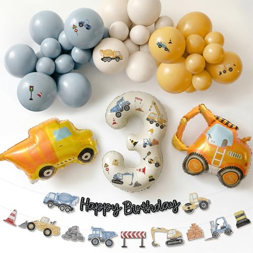Bagger Geburtstag Deko 3 Jahre, 48 Stück Geburtstagsdeko 3 Jahre Junge | DIY-Originalaufkleber, Bagger Luftballons 3 Geburtstag Junge, Happy Birthday Banner, Baustellen Kindergeburtstag Deko 3