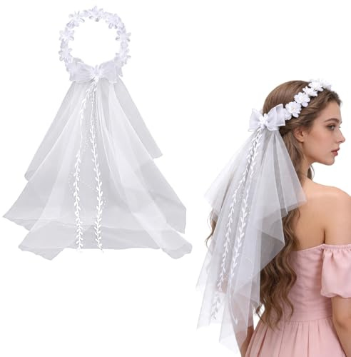 Brautschleier mit Blumenkranz, Schleier Braut Weiß Hochzeit Brautschleier | 73cm Hochzeitsschleier Kranz Kopfschmuck Verstellbare Damen Haaraccessoires für Hochzeit Braut Verlobung