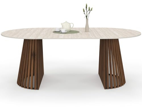 IDMarket - Ausziehbarer runder Esstisch Carmen für 4-10 Personen Beine aus Nussbaumlatten und Tischplatte in Travertinoptik 110-200 cm