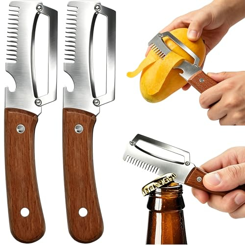 PICKSMOCUB 2 Pack 3 in 1 Vegetable Peeler Wooden Handle Stainless Steel Fruit Potato Peeler Kitchen Peeler with Julienne Cutter Bottle Opener for Potato Carrot Apple Pumpkin Cucumber