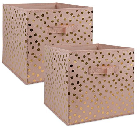 DII Lot de 2 corbeilles pliables en tissu non tissé Motif à pois Rose et doré 28 x 28 x 28 cm