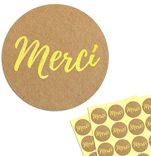 200 Stück - 40mm Merci Aufkleber Sticker Rund, Gold
