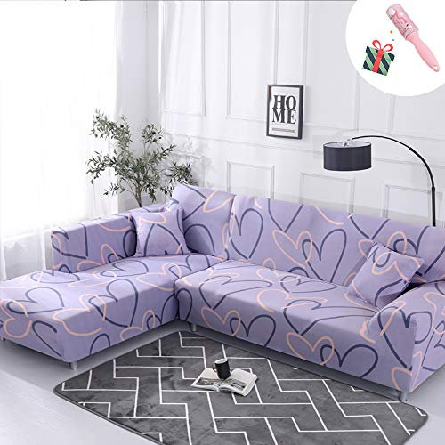 Elastisch Sofa Überwürfe Sofabezug, Morbuy Ecksofa L Form Stretch Antirutsch ArmlehnenSofahusse Sofa Abdeckung Hussen für Sofa Couchbezug Sesselbezug (2 Sitzer,Lila Herz)