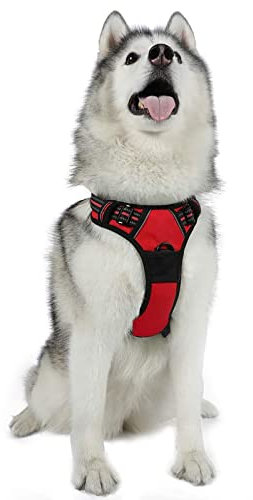 rabbitgoo Hundegeschirr Mittelgroße Hunde, Anti Zug Geschirr mit Kontrolle, No Pull Verstellbar Hundegeschirr Grosse Hunde, Atmungsaktiv Reflexstreifen Brustgeschirr Sichere Führung Rot XL