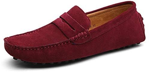 Men Suede Penny Loafers Moccasins Smart Slip On Driving Shoes Breathable Casual Walking Sneaker Trainer Shoes Wine Red 8.5 UK