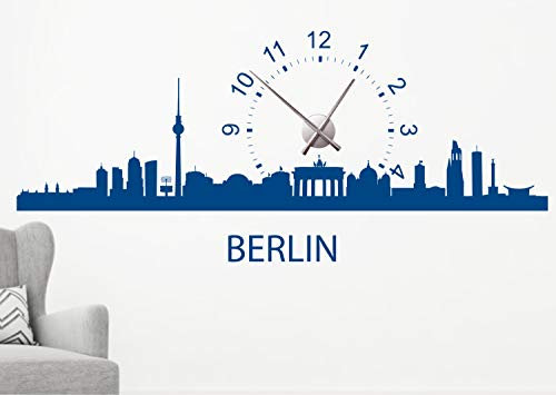 timalo® Wandtattoo mit Uhrwerk Wanduhr fürs Wohnzimmer DIY Uhr zum Aufkleben – Skyline Berlin | 76061-Dunkelgrau-G-130x58-Uhr-schwarz