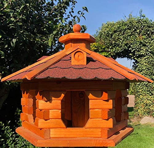 DARLUX Handgefertigtes Sechseck Vogelhaus aus Holz wetterfest M - XXL mit und ohne Ständer I Futterhaus I Futterhäuschen I wetterfest I Bitumdach (Größe L ohne Ständer, Rot - Braun)