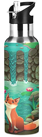 Vnurnrn Conte De Fées Mignon Bébé Renard Bouteille d'eau Isotherme avec Paille en Acier Inoxydable Gourde 600ML, Sans Bpa Gourdes Eau pour Enfant Sport Randonnée École Bureau