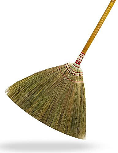 Natural Grass Broom Length 39-40 Inch with Bamboo Lacquer Handled Indoor Outdoor Smooth & Hard Floor - Sweeping Cleaning Tool Unique Handmade Craft Broom Design for Home, Kitchen, Grage, Bedroom
