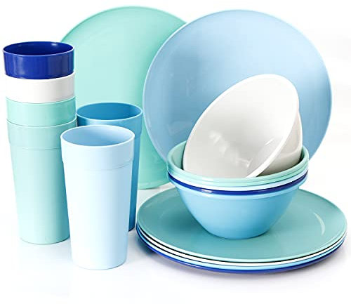 Youngever 18 Piece Re-usable Plastic Kitchen Dinnerware Set, Plates, Dishes, Bowls, Cups, Service for 6 (Coastal Colors)