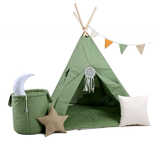 Rainbow Kids Tipi Zelt für Kinder | Baumwollsegeltuch Tippi Kinderzelt, Mehrere Muster und Farben mit und ohne Spielzubehör für Outdoor- und Indoor-Kinderspaß (Waldgeist, mit Zubehör)