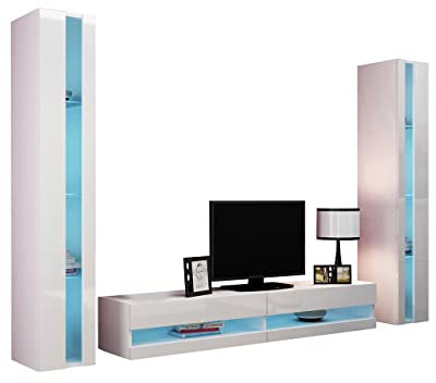 Wohnwand Vigo New III, Anbauwand, Design Mediawand, Modernes Wohnzimmer Set, Hängeschrank, Vitrine, TV Lowboard (mit Blauer LED Beleuchtung, Weiß/Weiß Hochglanz.)