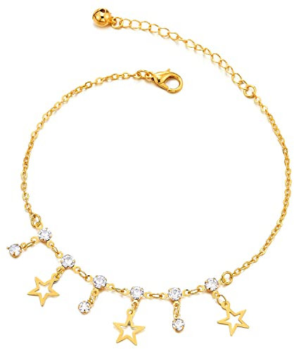 COOLSTEELANDBEYOND Femme Couleur d'or Chaîne Maillons Bracelets de Cheville avec Etoile Pentagramme Charmes et Zircone Cubique, Grelot