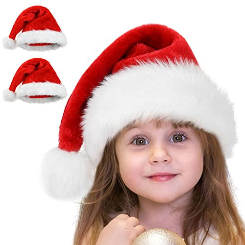 benpen 2 Stück Weihnachtsmütze Kinder Nikolausmütze Kinder Plüsch Weihnachtsmann mütze Rote Santa Mütze Bequemes Dicker Klassischer Nikolaus Mütze aus Samt für festliche Partys im neuen Jahr
