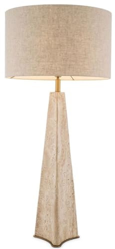 Casa Padrino Luxus Tischleuchte Beige/Antik Messing Ø 48 x H. 106,5 cm - Travertin Schreibtischleuchte mit rundem Lampenschirm - Luxus Tischleuchten - Luxus Kollektion