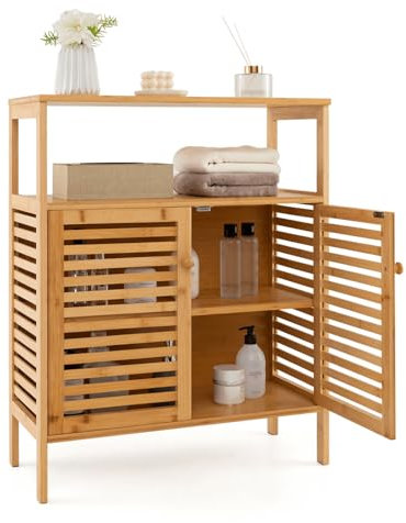 Multigot Bamboo Floor Cabinet, Freestanding Bathroom Storage Cabinet with Double Slatted Doors, Open Shelf and Removable Shelf, Bathroom Living Room Kitchen Organiser Unit