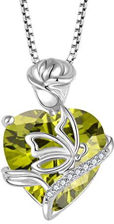 FJ Collier Pierre de Naissance Août Collier Péridot pour Femme Argent Sterling 925 Pendentif Papillon Collier Fleur Rose Coeur Bijoux Cadeaux pour Maman Épouse Femme Fille