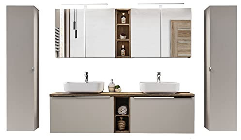Lomadox Badmöbel Komplett Set in Taupe mit Vintage Eiche, 180cm Doppel Waschtischunterschrank, 2 Keramik Waschbecken, Regale, 2 LED-Spiegelschränke, 2 Hochschränke