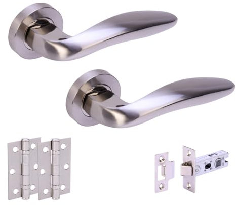 HANDLEZONE® Lagus Internal Door Handle Latch Pack, Complete with Lever On Rose Handles, 76mm Latch, Ball Bearing Hinges - Dual Finish Polished/Satin Nickel