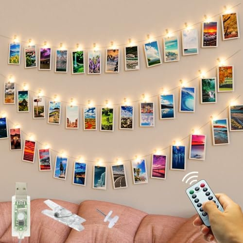 Guirlande lumineuse à 50 LED avec pince à photo, télécommande USB, 8 modes, 30 clips et 10 clous de suspension pour cadres photo, décoration pour chambre à coucher, mariage, fête d'anniversaire