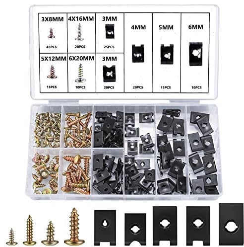 Kit Assortimento di 180 Pezzi Vite per Autoveicoli e Auto U-Clips, Incluse 90 Viti di Autofilettante Testa a Croce, 90 Dadi a Clip a U per Carrozzeria Panel Auto Viti Carene Bulloni di Fissaggio