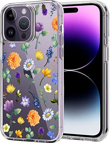 Unov Case Compatible with iPhone 14 Pro Max Case Clear with Pattern Slim Protective Soft TPU Bumper Embossed Design 6.7 Inch (Flower Garden)