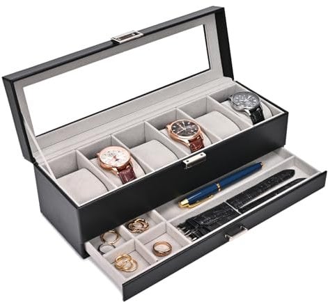 ProCase Scatola per orologi con 6 scomparti, con coperchio in vetro, 2 livelli, con cuscino rimovibile, per gioielli, anelli, bracciali e collane, colore nero