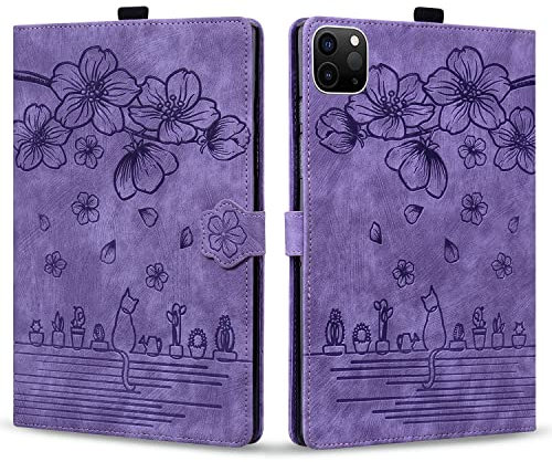 Rosbtib Coque pour iPad Air 13 2024/ iPad Pro 12.9 (2022/2021/2020/2018, 6ème/5ème/4ème/3ème Génération), Etui Cuir PU avec Fentes Cartes Magnétique Housse iPad Pro 12.9, Violet Chat Sakura