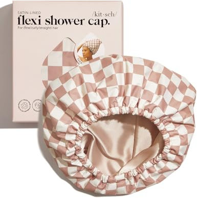 Kitsch Luxury Shower Cap for Women Waterproof - Satin Lined Shower Cap, Reusable Shower Cap, Adjustable Hair Cap for Shower, Big Shower Bonnet, Large Waterproof Hair Shower Caps for Long Hair - Terra