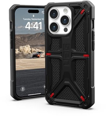 URBAN ARMOR GEAR Monarch Schutzhülle kompatibel mit Apple iPhone 15 Pro Hülle [Wireless Charging kompatibel, 5-Schichten Schutz nach Militärstandard, Erhöhter Rand] Kevlar schwarz, 114278113940