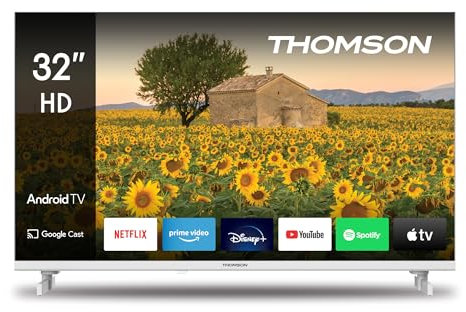 THOMSON 32 Pouces (80 cm) LED HD Blanc Smart Android TV, Google Assistant, Wi-FI, Dolby Digital, Bluetooth, Triple-Tuner (Câble-Satellite-Antenne), HDMI, CI, A Panneau - 32HA2S13W