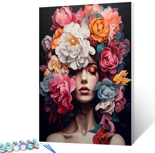 Malen nach Zahlen für Erwachsene und Anfänger, farbenfroher Stil, Fotomalerei nach Zahlen auf Leinwand, Blumenfrauen, einfach zu malen für Zuhause, Wanddekoration, Geschenke, 40,6 x 50,8 cm, rahmenlos