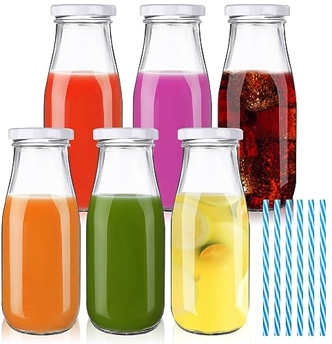 kekafu 3 Set Milk Bottles With Lid And Straw, 330ml Reusable Glass Milk Bottles Clear Glass Juice Beverage Jar For Decor