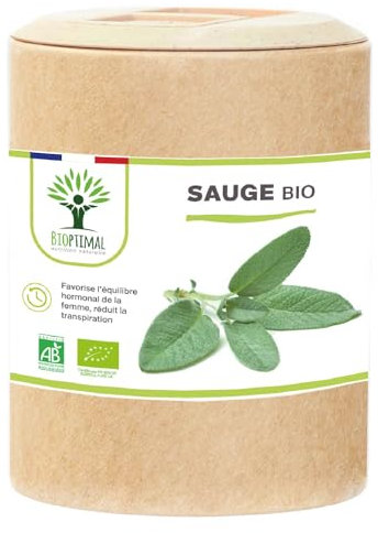 Sauge bio - Bioptimal - Complément alimentaire - Ménopause Bouffée de Chaleur - Sueurs Nocturnes - Règles Douloureuses - Digestion - 250mg/gélule - Fabriqué en France - Certifié Ecocert - 200 gélules