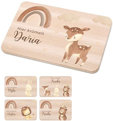 Bärenfreunde - Individuelles Holzbrett mit hochwertigem Spezial-Druck für Kinder - Personalisiertes Frühstücksbrettchen - Niedliche Motiv-Brettchen mit Namen (Reh)