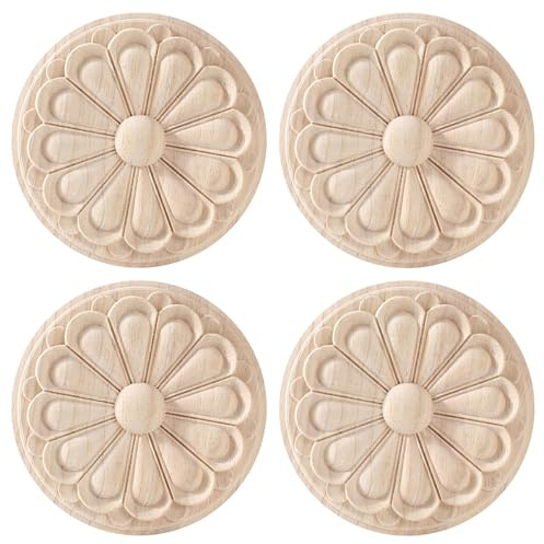 4 PCS ZONADAH 2.63 Inches Round Wood Carved Onlays Appliques Carving Overlay Craft Decals Decorative Light Door Wall Decors for Cabinets Windows Mirrors Furniture Doll Bed Stairs