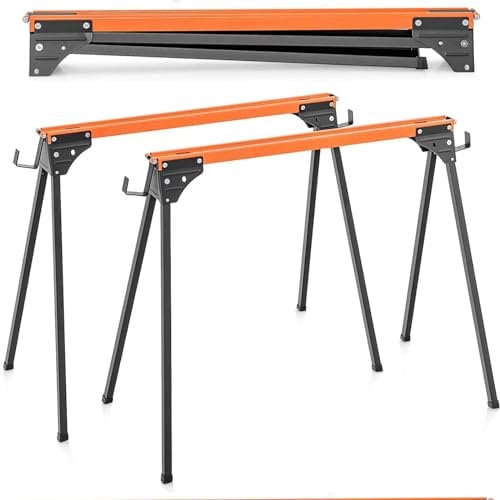 HOMFME Folding Sawhorses, 1000KG Capacity Twin Pack Workbench with Support Arms, Portable Lightweight Metal Work Trestle Stands for Garage Workshop (Orange + Black,97 x 47 x 76 cm)