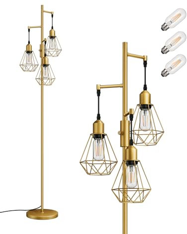 EDISHINE LED Stehlampe Wohnzimmer, 3 flammige Retro Stehlampe dimmbar, 4W E27 LED Leuchtmittel & Drehschalter, Industrial deko Standleuchte mit Käfig-Lampenschirm aus Metall, 2700K, Höhe: 166cm, Gold