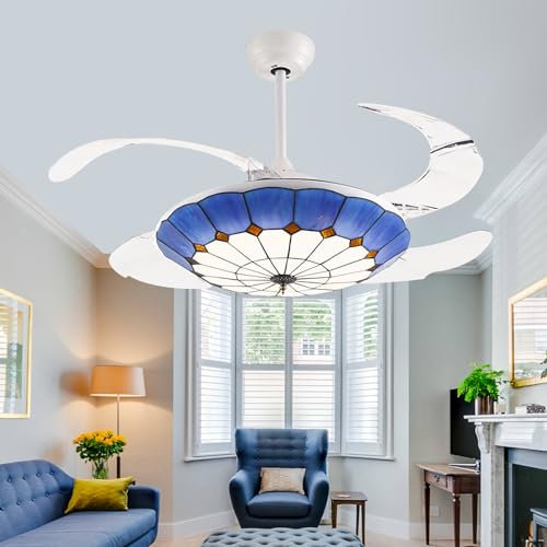 Tiffany Ventilador Techo con Luz y Mando a Distancia Reversible Lampara Ventilador Techo Led 3 Colores 6 Velocidades Silencioso Ventiladores de Techo con Luz y Temporizador Dormitorio Salon-107CM