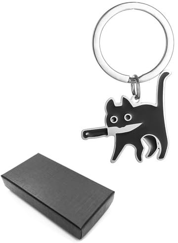 AORHOFJ 1 Stück Witziger Schwarzer Katzen Schlüsselanhänger, Kätzchen mit Messer, süßer Glücksschmuck für Katzenliebhaber, Frauen und Männer,Schlüsselanhänger,Wird mit 1 Geschenkbox geliefert