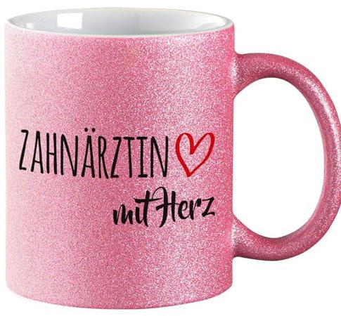 Huuraa Glitzer Kaffeebecher Zahnärztin mit Herz Geschenk 330ml Pink Zahnärztin Mitbringsel