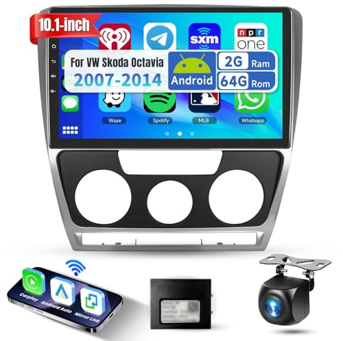 2G&64G Podofo 10'' Autoradio für vw Skoda Octavia 2007-2013 Wireless Carplay Android Auto,Android 13 Radio 2 Din mit Bluetooth WiFi GPS HiFi RDS/FM +AHD Rückfahrkamera/DVR/Canbus