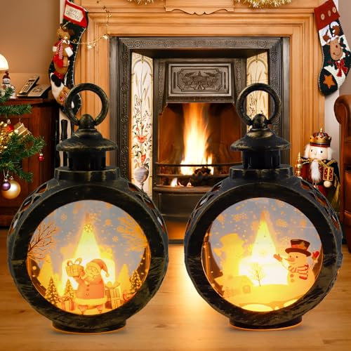 2 Stück Weihnachtsdeko Laterne, Weihnachtslaterne Mit Led Kerzen, Flammenlose Weihnachtskerzen Deko Laterne, Beleuchtete Windlicht Mit Schneemann Santa Tree Kommt mit 3 Batterien