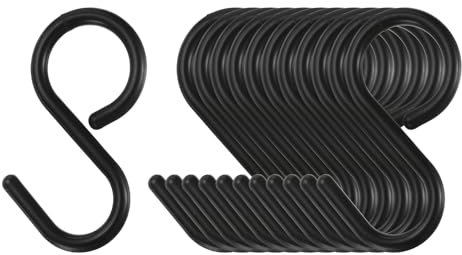 SourcingMap 12pcs Plastic Hanging S Shaped Hooks - Small S Hanger Closet Rod Hooks for Hanging Kitchen Utensils, Cups, Plants, Jewelry, Jeans, Clothes, Towels, Tools - Black