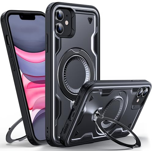 WYUIC für iPhone 11 Hülle mit Rotiertem Ring-Ständer, Militärnorm Schutzhülle Stoßfest Kratzfeste Rückseite Mehrschichtiger Schutz Handyhülle für iPhone 11 6.1, Schwarz