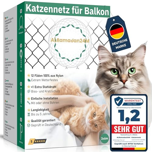 Premium Katzennetz für Balkon - 3x6m in Olivgrün Extra Drahtverstärkt, Katzenschutznetz mit oder ohne Bohren Fensternetz Balkonnetz für Katzen Schutz Katzenschutz Fensterschutz Schutznetz, Cat Net