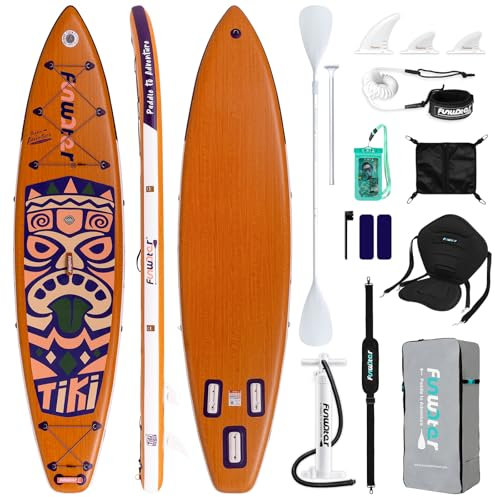 FunWater 350 cm Stand Up Paddling Board Inflatable SUP Standup Paddle Board Aufblasbar mit Sitz, Doppelpaddel, Doppelhubpumpe, Tragegurt, Deckbag Für Alle Könnensstufen (WALNUSSHOLZ-Tiki BLAU)