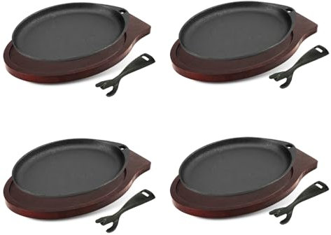 DVK Cast Iron Skillet Set Sizzling Plate With Wooden Base Fajita Skillet With Removable Handle For Home Barbeque Kitchen Service