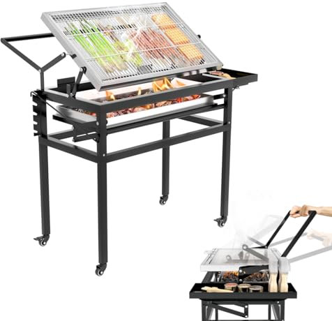 Holzkohlegrill Schwarz Barbecue Grills für Outdoor Camping, Tragbare Tischplatte Holzkohlegrill mit 360 Grad Reversible Grillrost Abnehmbare Schale Verstellbarer Stahlrahmen
