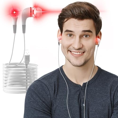 Rotlicht-Therapiegerät für Ohren, 650nm Ohr-Rotlichttherapie für Tinnitus, USB-Rotlicht-Ohrhörer mit Aufbewahrungsbox, 2 Paar Silikonspitzen, tägliche Ohrenpflege